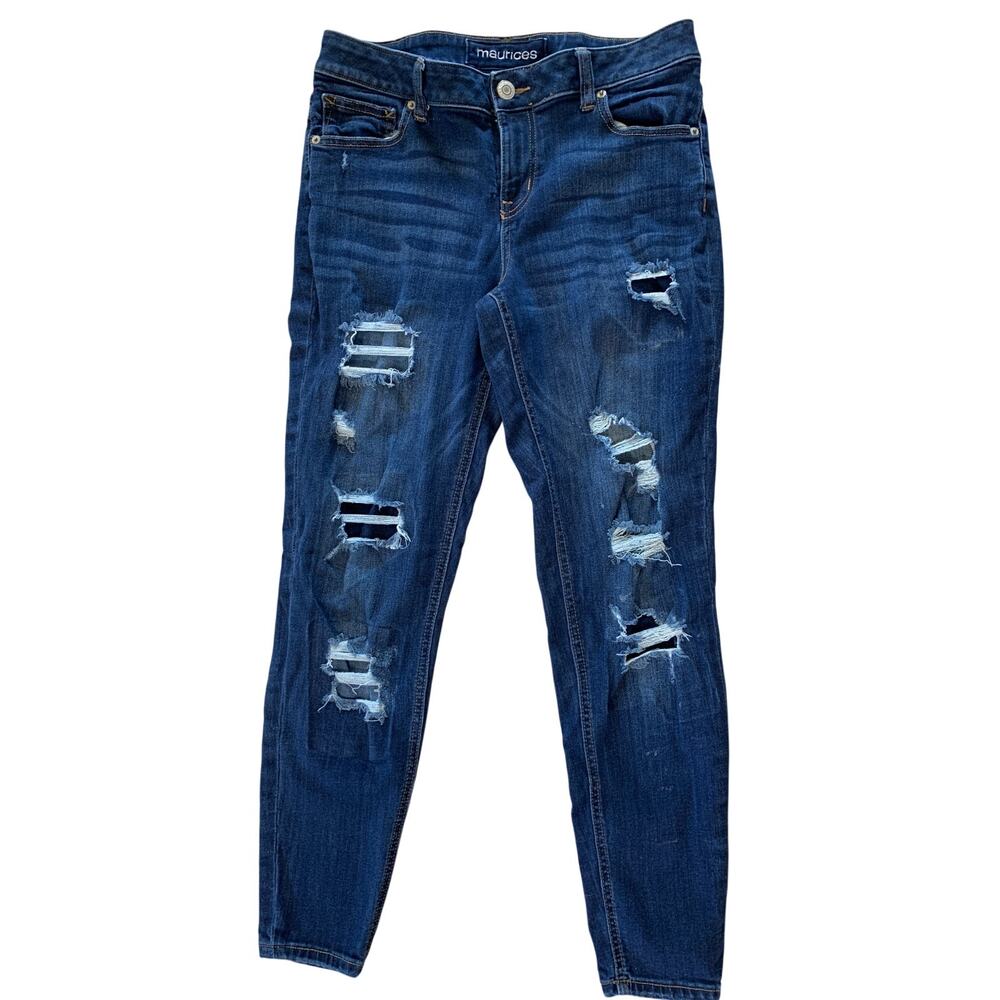 MAURICES SKINNY JEANS DISTRESSED FRAYING PATCHES BLUE DENIM SIZE 14R
